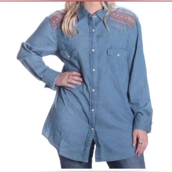 Wrangler Retro Boyfriend Style Embroidered Pearl Snap Chambray Top Large Western - Picture 2 of 12